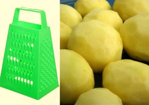 Пластмассовая терка и очищенный картофель