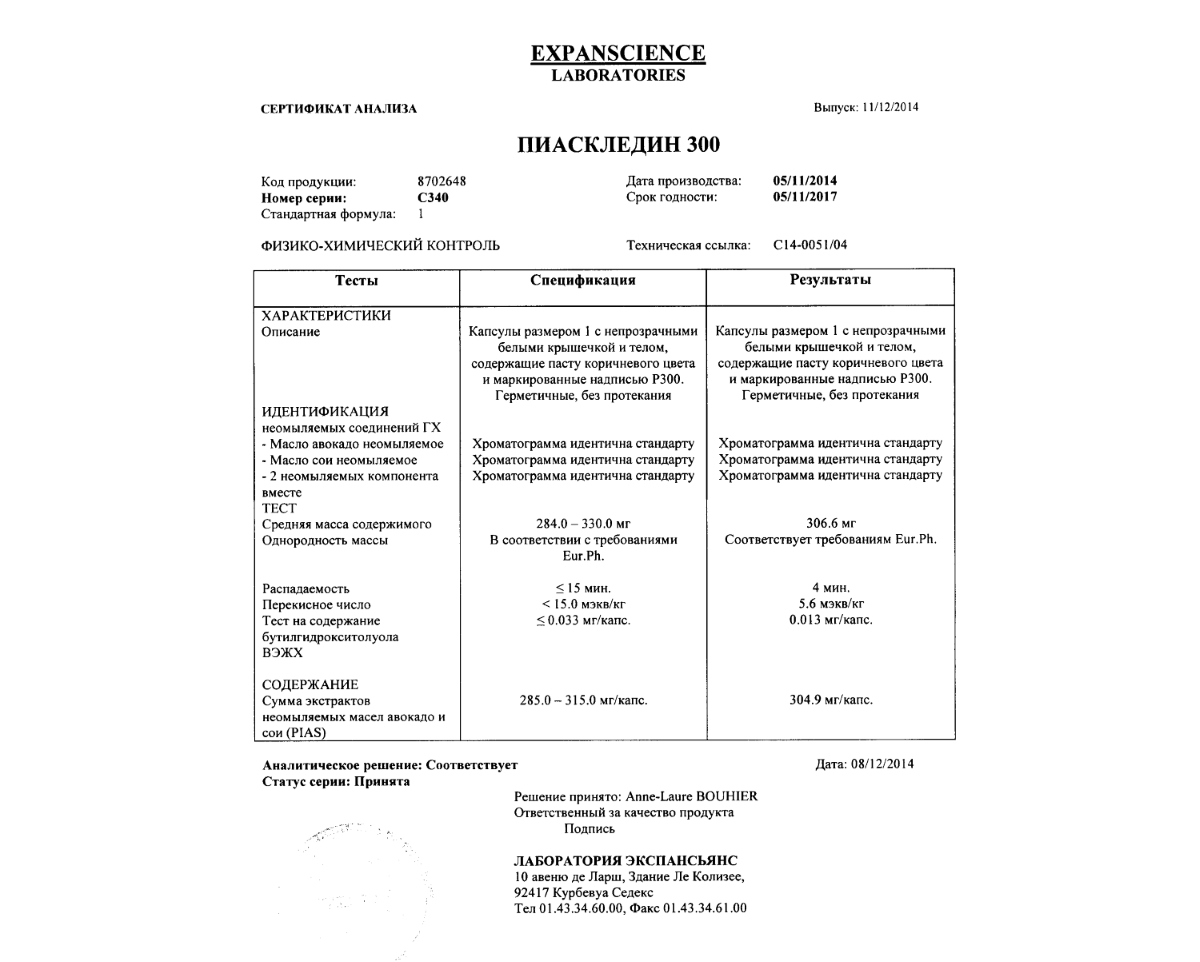 Сертификат анализа Пиаскледин Сертификат анализа Пиаскледин