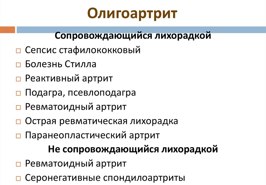 Классификация олигоартрита с симптомом лихорадки и без Классификация олигоартрита с симптомом лихорадки и без