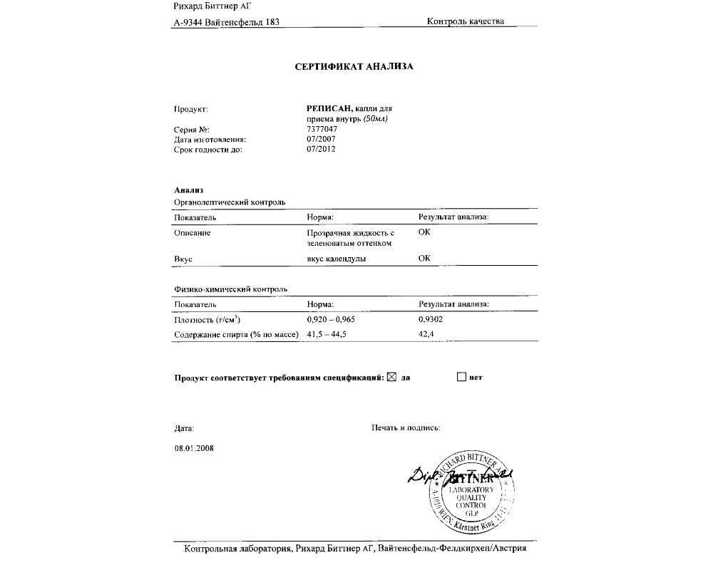 Сертификат анализа Реписана Сертификат анализа Реписана